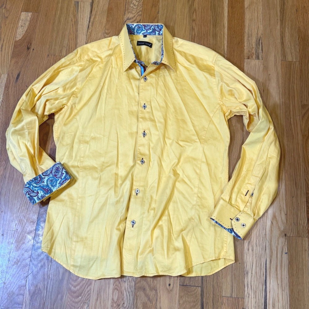 Jared Lang Mens Yellow Button Down Shirt Paisley Trim Maple Leaf Size L